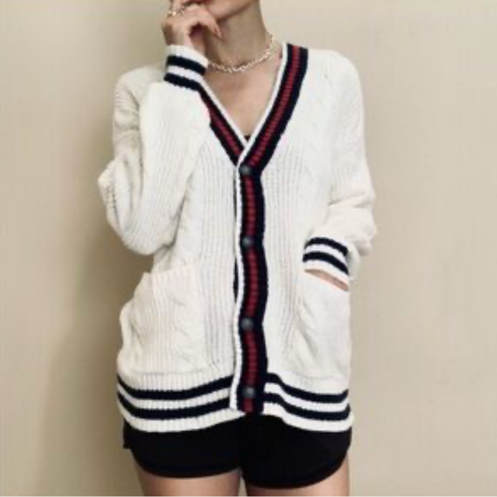 American Eagle Cream Varsity Style Cable Knit Cardigan Red & Blue Stripe Trim Xs